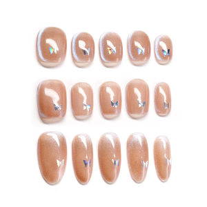 เล็บสวมใส่แบบมีเล็บตาแมวประดับหินคริสตัลทำมือสั้นช่วยให้เล็บขาวขึ้นเล็บสวมใส่แบบเรียบง่ายสำหรับงานปาร์ตี้และงานแต่งงาน