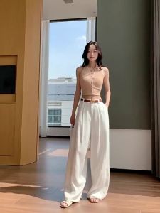 La Chapelle | Summer Linen Blended Wide Leg Trousers Slim Fit High Waist