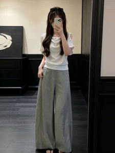 Ge·an·fei | White Off-Shoulder T-Shirt and Wide-Leg Pants Summer Set