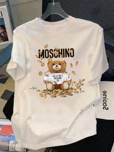 Pure Cotton Short Sleeve T-shirt for Women with Creative Cartoon Bear Printed Details Loose Fit Regular Collar Summer Wear