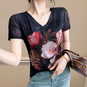 YIMEI เสื้อยืดผู้หญิงคอวีมีสไตล์สวยงามแขนสั้นซัมเมอร์ใหม่2025เสื้อสวยตาข่ายยืดหยุ่น