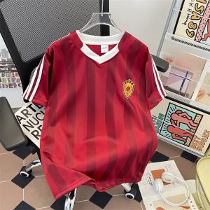 เสื้อยืดคอวีแขนสั้นทรงหลวมสำหรับผู้ชาย สไตล์อเมริกัน ลายทางสีบล็อกแห้งเร็ว สำหรับคู่รัก ใส่สบาย เหมาะกับฤดูร้อน