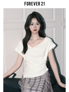 Áo Thun Nữ Forever21 French White Ruffle Short Sleeve Slim Fit Summer 2025 Casual Style Pure Color Shoulder T-shirt