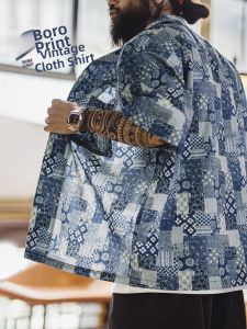 MADENGGONGZHUANG | American Retro Boro Vintage Print Denim Shirt Short Sleeve