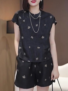 Shalldoer | New Chinese Style Printed Womens Summer Sun Protection Shirt And Short Pants Two-Piece Set Black Floral Design Fashionable
