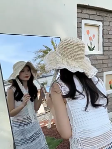 Korean Lace Straw Sun Hat Wide Brim Summer Beach Hat With Ribbon Anti UV Portable Travel Fisherman Hat