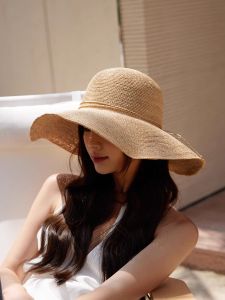 Natural Laffey Straw Hat Women Summer New French Style round Top Large Brim Sunshade Beach Sand Beach Cap Fashion Accessory