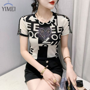 Yimei Áo cổ điển Áo thun lưới ngắn tay khóa quyến rũ mới 2023 mùa hè áo thun kim cương nổi bật in chữ cái ôm vừa thời trang cho nữ