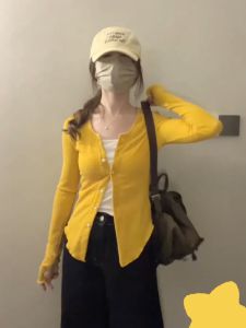 Slim Fit Long Sleeve Knitted Open Cardigan Womens Style Yellow Versatile Thin Top Casual Style Autumn Season Button Decoration