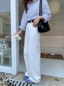 กางเกงยีนส์ขาตรงปักลายผีเสื้อทรงกลมสีขาวสำหรับผู้หญิงไซส์เล็ก กางเกงขายาวทรงหลวมๆ สไตล์เกาหลี