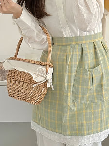 Váy Bảo Hộ Nửa Người Chống Thấm Nước Kiểu Hàn Quốc Ins Grid Lace Trim Váy Bảo Hộ Nhà Bếp Váy Bảo Hộ Thủ Công Bằng Cotton