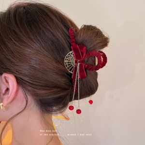 Tassel Fan Velvet Red Bow Claw Clip Cheongsam Hanfu Back Head Barrettes Shark Clip Ethnic Hair Accessories