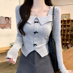 Retro Chic Long Sleeve T-Shirt Womens Slim Fit Butterfly Knot Square Collar Base Shirt Top Korean Style Commute Fashion