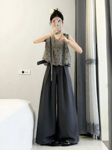 XUECAIQI | Relaxed Atmosphere Polka Dot Sleeveless High-Waisted Wide-Leg Pants Set Female