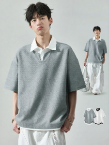 SZON | Men American Style Fake Two-Piece V-Neck Short Sleeve Polo Shirt