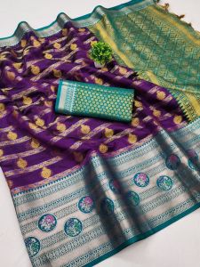 PURE Soft  Litchi Silk  Beautiful  Gold Zari  And Silver  Zari  With  Mina Butta Work