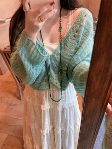 Elegant Hollow out Knitted Cardigan Womens Fashion Autumn 2025 TheWangs Alpaca Wool Green Casual Style Short Sleeve Top