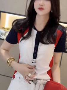 BINKAFENNY | Fashionable Color Block Short Sleeve T-Shirt Womens Summer New Slim Fit Unique Beautiful Top Korean Style Commute Wind Pure Color