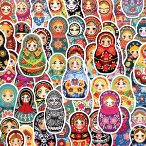 Retro Style 52-Piece Nesting Doll Stickers Decorative Luggage Guitar Skateboard DIY Adhesive Artwork Vintage Theme
