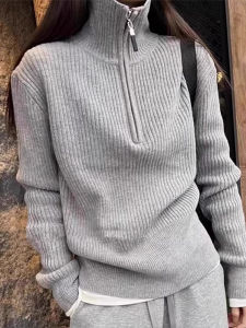 CAOZIMUYI | High Collar Half Zip Knit Top Lazy Style