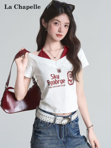 La Chapelle American Style Short Sleeve T-Shirt Women Summer Slim Fit Print Casual V-Neck Top Hot Girl Strap Design Top