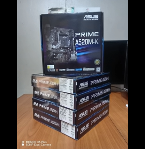 ASUS PRIME A520M-K motherboard with box black and silver design multiple ports and slots.