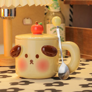 แก้วเซรามิคของขวัญ น่ารัก ถ้วยกาแฟพร้อมฝาปิดช้อนสําหรับสาววันเกิดถ้วยนมฟางรวมอุปกรณ์รับประทานอาหาร Universal ผู้ชม