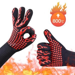 2pc/set Oven Gloves BBQ Grill Glove High Temperature Resistance Mitts Fireproof Heat Insulation Microwave Kitchen Accessories 800度隔热耐高温手套BBQ烧烤芳纶防火阻燃微波炉烤箱防 烫手套