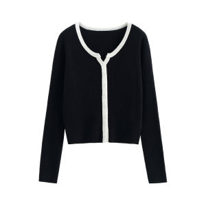 BAO STUDIO round Neck Knitwear Short Style Color Block Design Slimming Top Small Size Open Cardigan Womens Fashion Spring Collection
