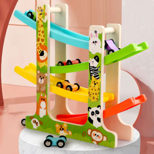 Wooden Animal Model Track Glider Set - 4 Tier Car Ramp Kids Toys Fun Traffic And Animal Themed Games Fun Track Car Puzzle Toys