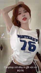 Áo Croptop Tay Ngắn Rút Dây 2 Bên In Logo RD76 / Áo Thun Nữ Tay Ngắn Ôm Body Rút Dây Xinh