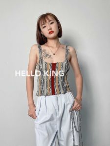 สลิมฟิต ถักลายทาง เสื้อกั๊ก ผู้หญิง แขนกุด เสื้อท่อนบน HelloKing 2024 ฤดูร้อน สินค้าใหม่ ลำลอง สไตล์เกาหลี ความยาวสั้น