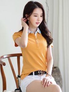 Comfortable Cotton Polo Shirt Short Sleeve Turn-down Collar Slim Fit Korean Style Spring Summer Fashion Womens T-shirt
