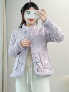 New Chinese Style Thickened Fleece Womens Cotton Jacket with Button Flower Design Winter Outerwear Long Sleeve Stand Collar