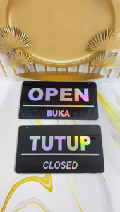 YS OPEN CLOSE/BUKA TUTUP SIGN AKRILIK STIKER HOLOGRAM(Dua sisi+Rantai&Kop Kaca)