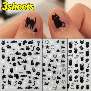 3Sheet Cartoon Black Cat Nail Art Stickers Cute Animal Nail Decal Self-Adhesive Nail Slider Decoration