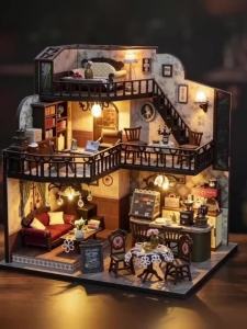 Zuuton Retro Coffee House DIY Miniature Dollhouse Kit 3D Wooden Puzzle Loft Building Kit with LED Light and Full Furniture Gifts
