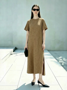 AMII | Resort Style Round Neck One-Strap Back Lantern Sleeve Brocade Dress