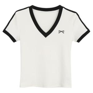 Áo Thun Nữ Tay Ngắn Dáng Ôm Cổ Chữ V Màu Trắng Mùa Hè 2025 Phong Cách Mới Thường Ngày Cotton 95% Polyester 5%