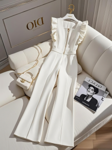 White Jumpsuit Vest Unique Youthful Elegant Ladylike Spring Fashion 2026 High Waist Long Pants Polyester Fiber Commute Style