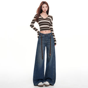 Womens Stretch Denim Trousers High Waist Wide Leg Loose Jeans Slimming Flowy Long Pants Retro Spring Fashion