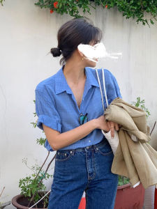 PAIBOLI | เสื้อเชิ้ตคอโปโลแขนสั้นผ้าฝ้ายลินินสีฟ้าสำหรับผู้หญิงในช่วงฤดูร้อน ดีไซน์เก๋ไก๋ สไตล์ฝรั่งเศส ลำลอง ใส่ไปทำงาน