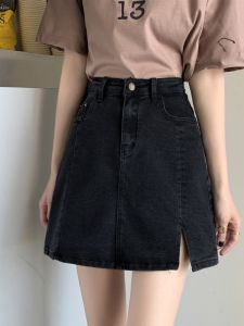 กระโปรงสั้นทรงเอเอวสูงผ้ายีนส์สีดำ ทรงสลิมฟิต สำหรับผู้หญิงไซส์ใหญ่ ฤดูร้อน เอวสูง กระโปรงสั้นทรงเอแบบสวมทับ