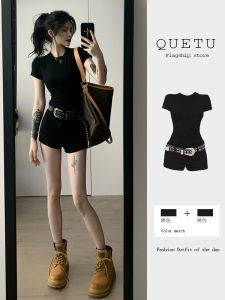 ชุดกางเกงขาสั้นยีนส์ทรงสลิมฟิตสีดำ ชุดสองชิ้น ฤดูร้อน 2025 ชุดแฟชั่นทรงลูกแพร์สำหรับผู้หญิง ชุดทำงาน ชุดทำงาน