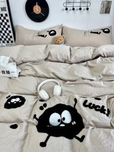 Retro Minimalist Cotton Towel Embroidery Four-Piece Bedding Set Cute Little Coal Ball Coverlet Duvet Cover Bedding Three-Piece Set Bed Canopy Style