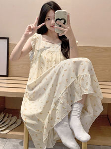 ชุดนอนคอตตอนลายดอกไม้ฤดูร้อน ชุดนอนผู้หญิงแขนกุด เสื้อผ้าใส่ในบ้าน ชุดเดรสยาวปานกลาง สไตล์เจ้าหญิงหวานๆ น่ารักๆ