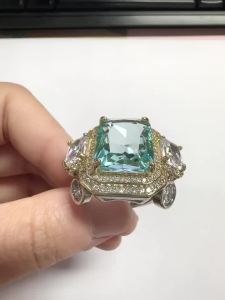 Huitan Octagon Shaped Women Two Tone Ring Inlaid Bright Blue CZ Gorgeous Accessories for Party Wedding Exquisite Trendy Jewelry
