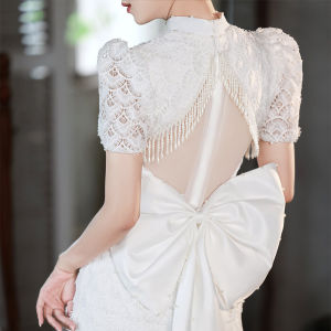 Elegant White Lace Qipao Wedding Dress Backless Butterfly Knot Engagement Party Dress Short Sleeve Chinese Style Polyester Fiber