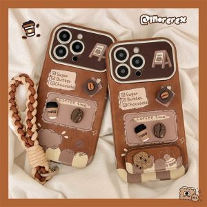 Leather Phone Case for  16Promax with Lanyard Foldable Stand Mens Womens Protective Shell Anti-Fall Brown Soft Shell