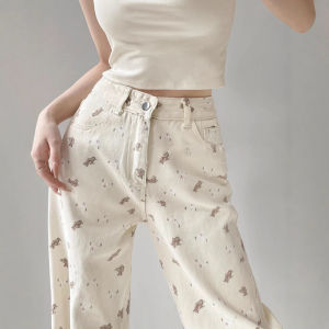 กางเกงยีนส์ทรงตรงเอวสูง ทรงหลวม ทรงหลวม ลายหมี สไตล์อเมริกัน กางเกงยีนส์ทรงตรงสำหรับผู้หญิง ฤดูใบไม้ผลิและฤดูใบไม้ร่วง